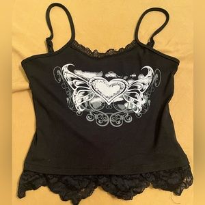 Black tank top with lace and print on the front